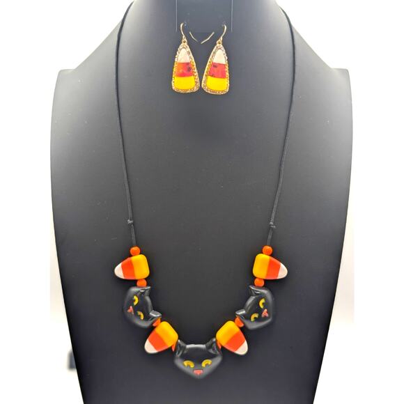 Halloween Black Cats & Candy Corn Necklace Dangly Earrings & 4 Bracelets - Picture 1 of 11
